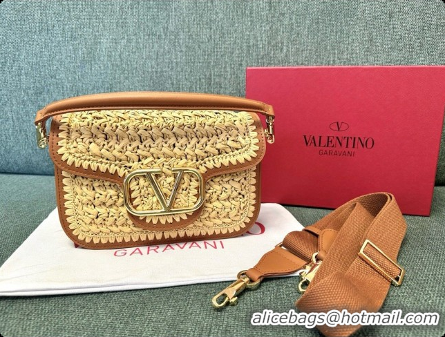 Good Product Valentino Straw & Calfskin Locò VLogo Shoulder Bag 2046 Brown 2026