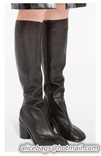 Discount Maison Margiela Original Leather Tabi Knee-high Boots Heel 8mm 16859 Black