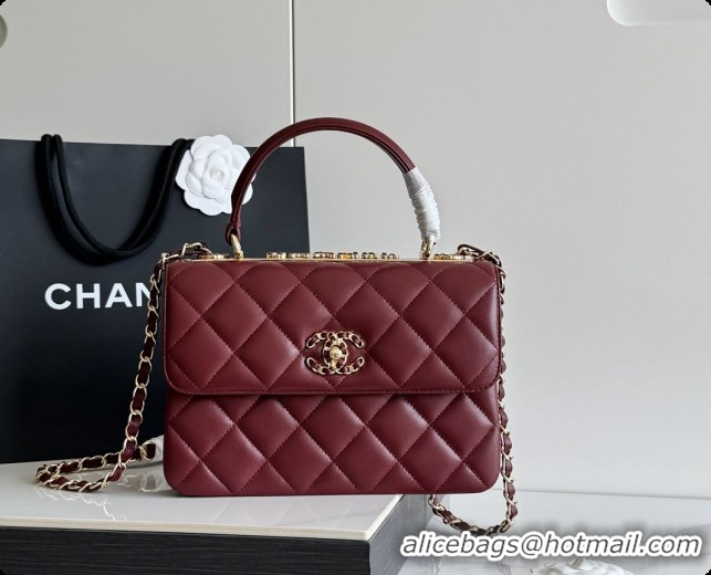 2026 Newest Chanel Trendy CC Lambskin Flap Bag with Top handle and Metal-Tone Band A92236 CH100820 Burgundy 2026