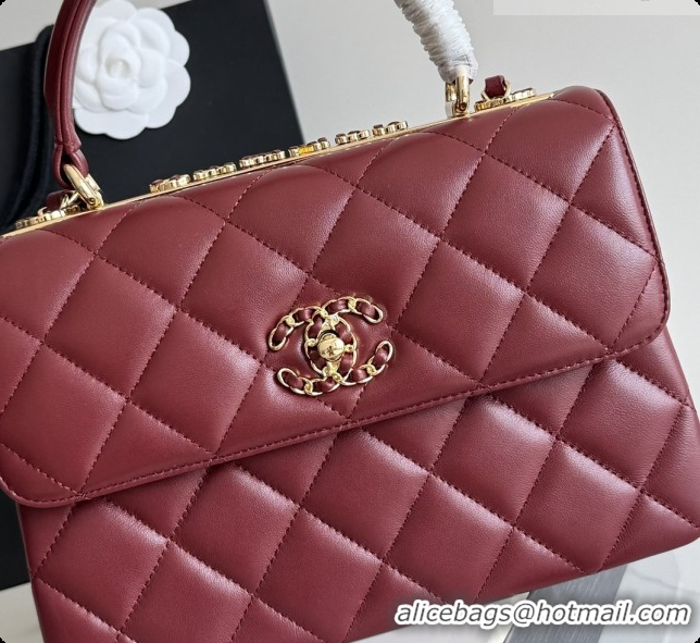 2026 Newest Chanel Trendy CC Lambskin Flap Bag with Top handle and Metal-Tone Band A92236 CH100820 Burgundy 2026