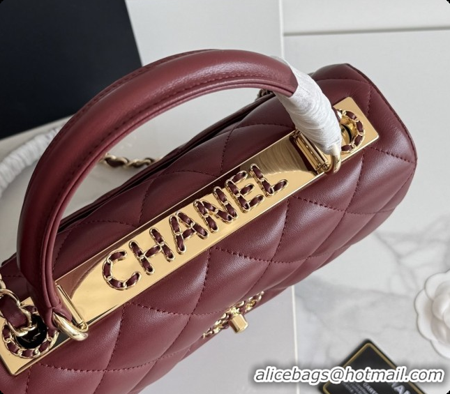 2026 Newest Chanel Trendy CC Lambskin Flap Bag with Top handle and Metal-Tone Band A92236 CH100820 Burgundy 2026