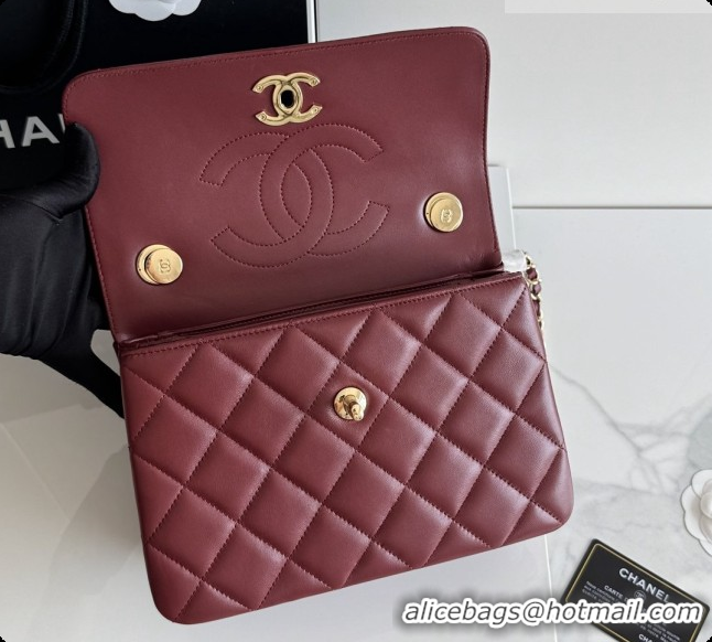2026 Newest Chanel Trendy CC Lambskin Flap Bag with Top handle and Metal-Tone Band A92236 CH100820 Burgundy 2026