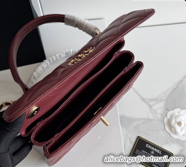 2026 Newest Chanel Trendy CC Lambskin Flap Bag with Top handle and Metal-Tone Band A92236 CH100820 Burgundy 2026