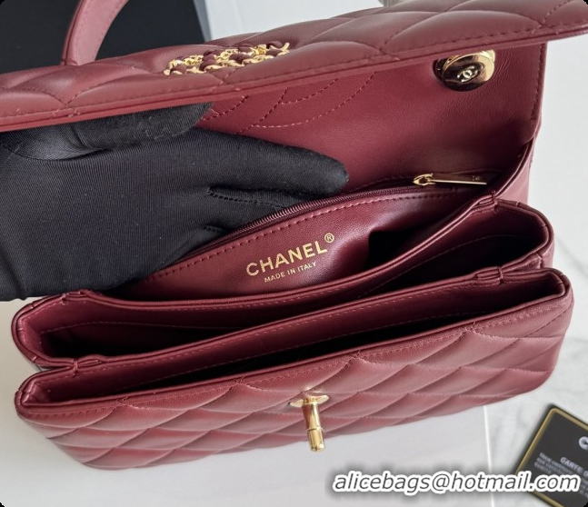 2026 Newest Chanel Trendy CC Lambskin Flap Bag with Top handle and Metal-Tone Band A92236 CH100820 Burgundy 2026