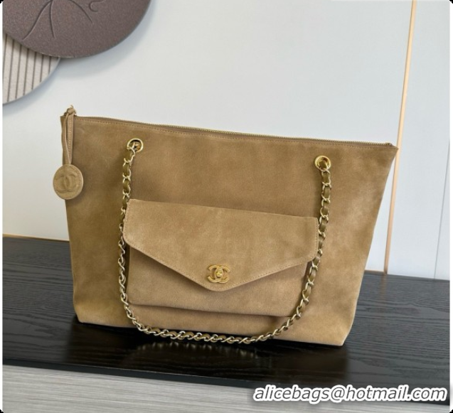 2026 Fashion Chanel Tote Bag with Pocket in Suede Calfskin AS6483 Apricot Brown 2026