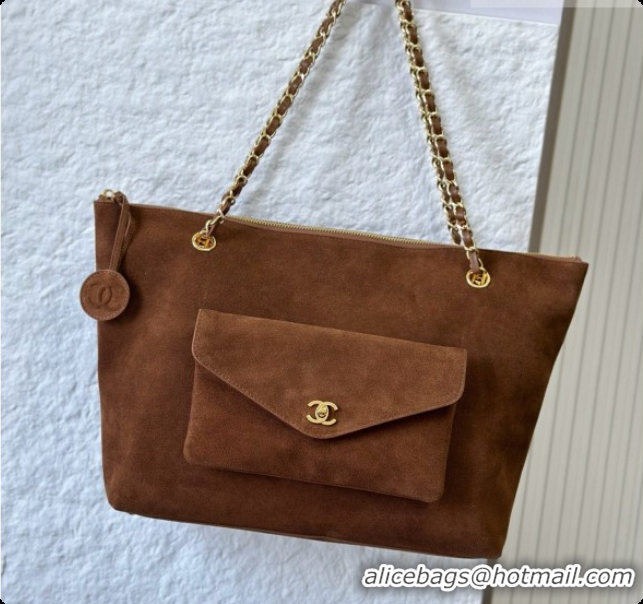 Duplicate Chanel Tote Bag with Pocket in Suede Calfskin AS6483 Caramel Brown 2026