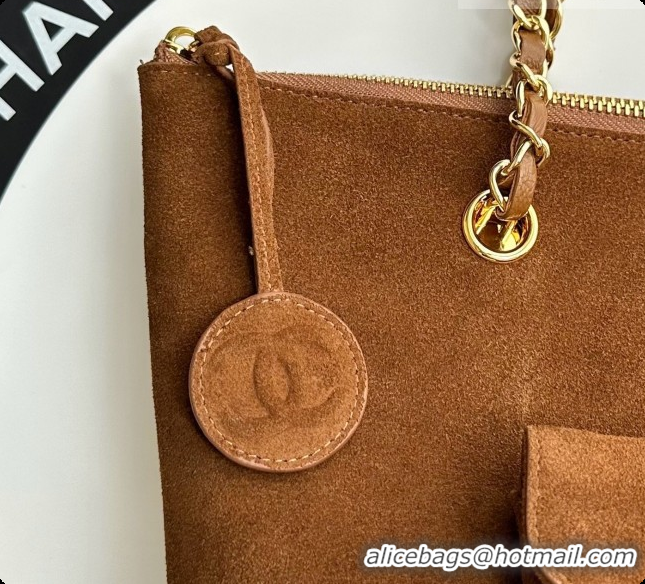 Duplicate Chanel Tote Bag with Pocket in Suede Calfskin AS6483 Caramel Brown 2026