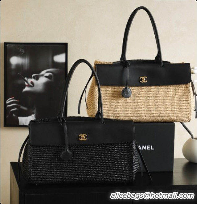 Purchase Chanel Biarritz Tote Bag in Raffia and Calfskin AS6428 Black 2026