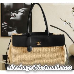Good Quality Chanel Biarritz Tote Bag in Raffia and Calfskin AS6428 Black/Beige 2026