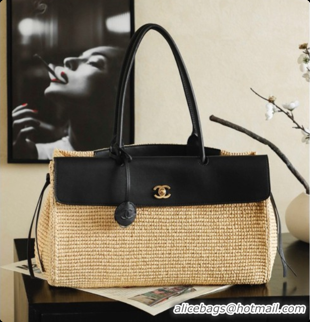 Good Quality Chanel Biarritz Tote Bag in Raffia and Calfskin AS6428 Black/Beige 2026