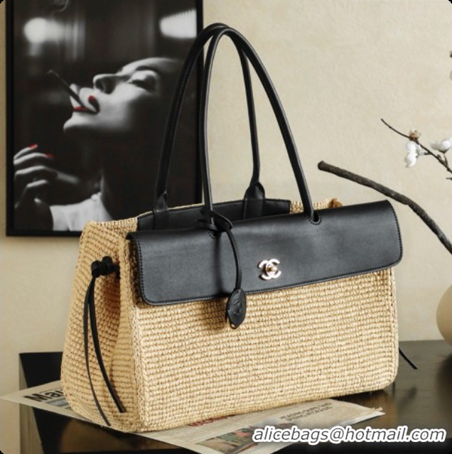 Good Quality Chanel Biarritz Tote Bag in Raffia and Calfskin AS6428 Black/Beige 2026