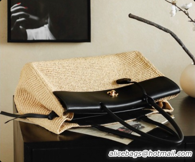 Good Quality Chanel Biarritz Tote Bag in Raffia and Calfskin AS6428 Black/Beige 2026