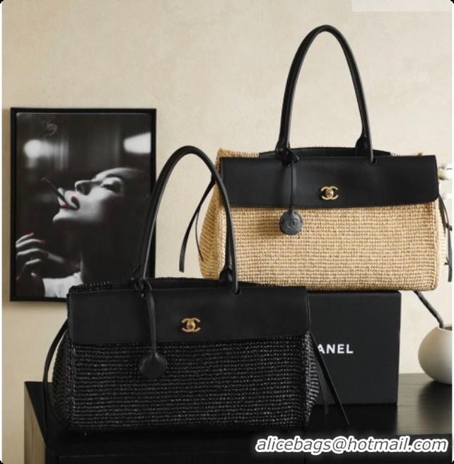 Good Quality Chanel Biarritz Tote Bag in Raffia and Calfskin AS6428 Black/Beige 2026