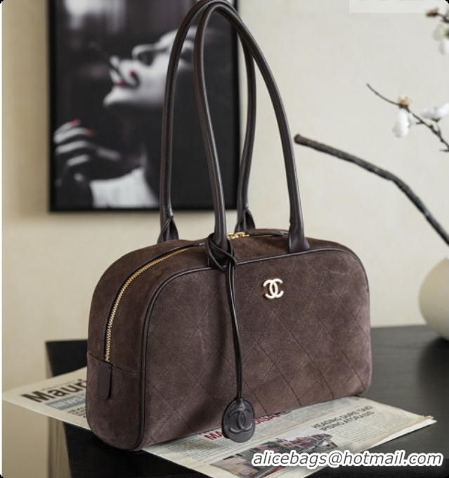 Lowest Cost Chanel Large Bowling Bag in Suede Calfskin AS6580 Coffee Brown 2026