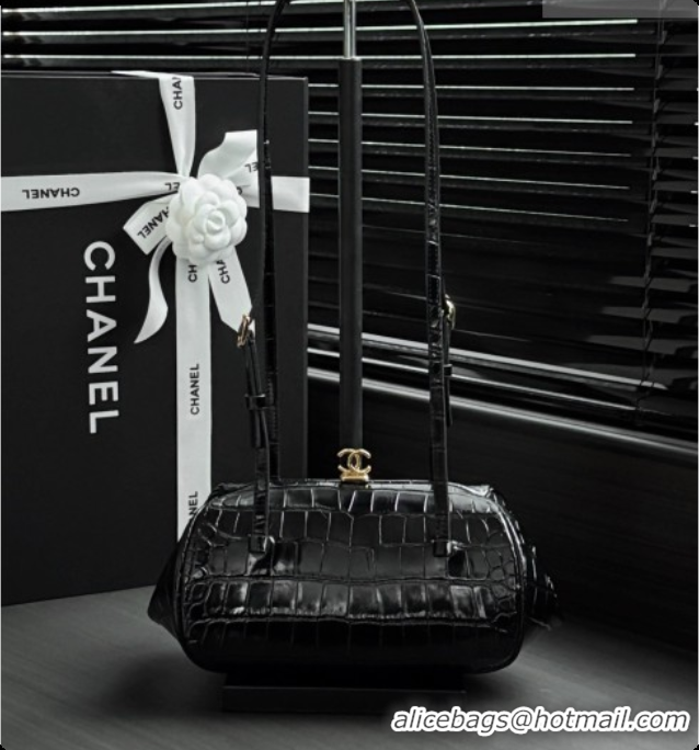 Luxury Classic Chanel Clutch with Leather Strap in Crocodile Embossed Calfskin AP5360 Black 2026