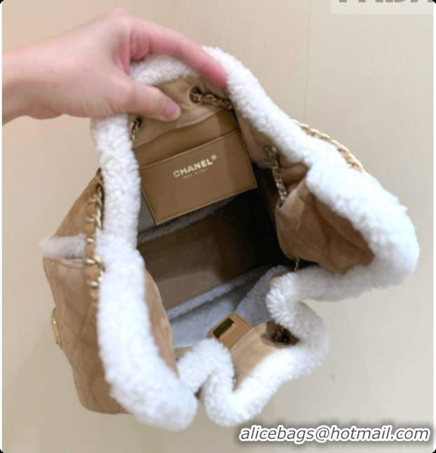 Duplicate Chanel Suede 25 Small Handbag with Shearling AS5293 Brown/White 2026