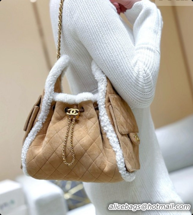 Duplicate Chanel Suede 25 Small Handbag with Shearling AS5293 Brown/White 2026