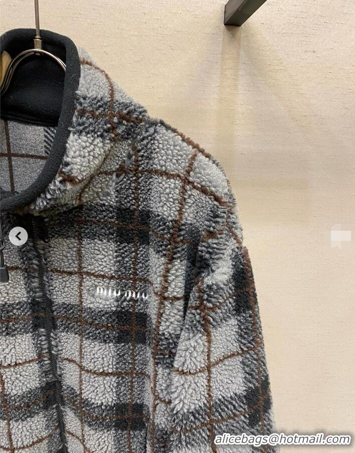 Top Quality Miu Miu Checked Teddy Zipper Jacket 57747 Black