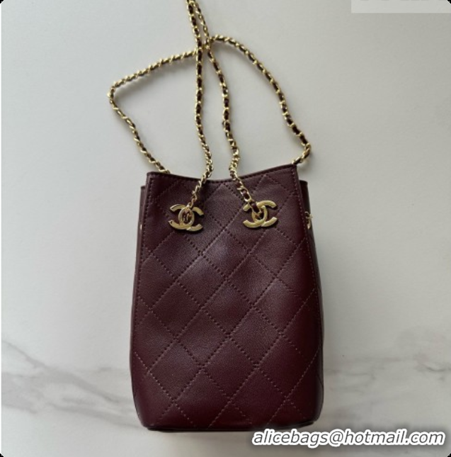 Luxury Cheap Chanel Lambskin Bucket Bag with Chain AP5359 Burgundy 2026
