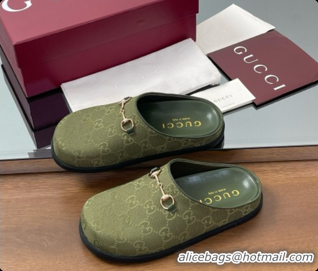 Low Price Gucci GG Canvas Flat Mules with Horsebit G92115 Green 2026