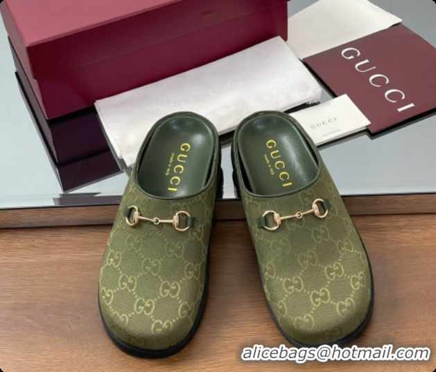 Low Price Gucci GG Canvas Flat Mules with Horsebit G92115 Green 2026