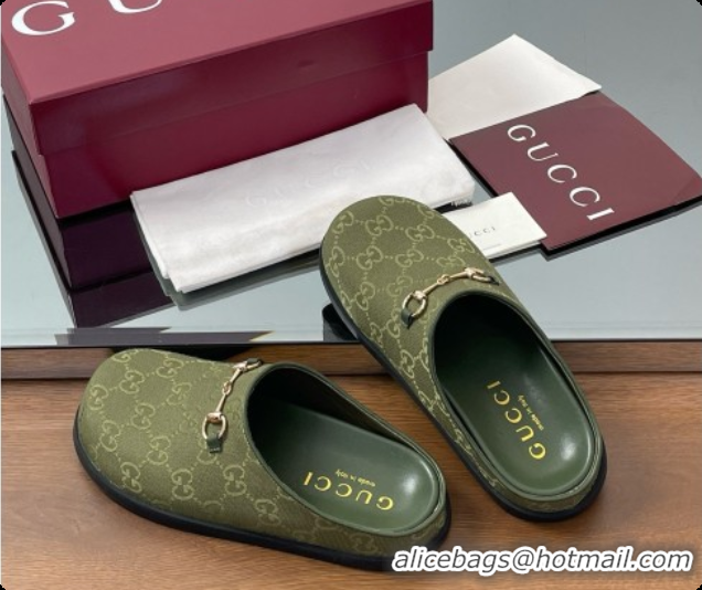 Low Price Gucci GG Canvas Flat Mules with Horsebit G92115 Green 2026