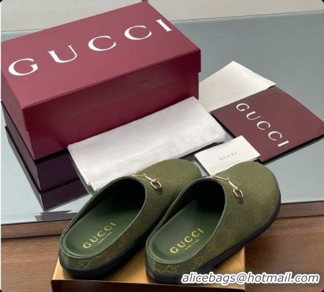 Low Price Gucci GG Canvas Flat Mules with Horsebit G92115 Green 2026