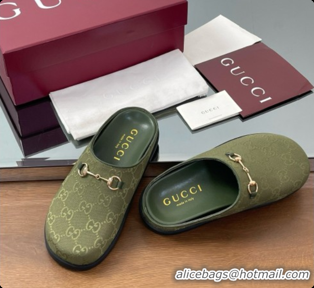 Low Price Gucci GG Canvas Flat Mules with Horsebit G92115 Green 2026