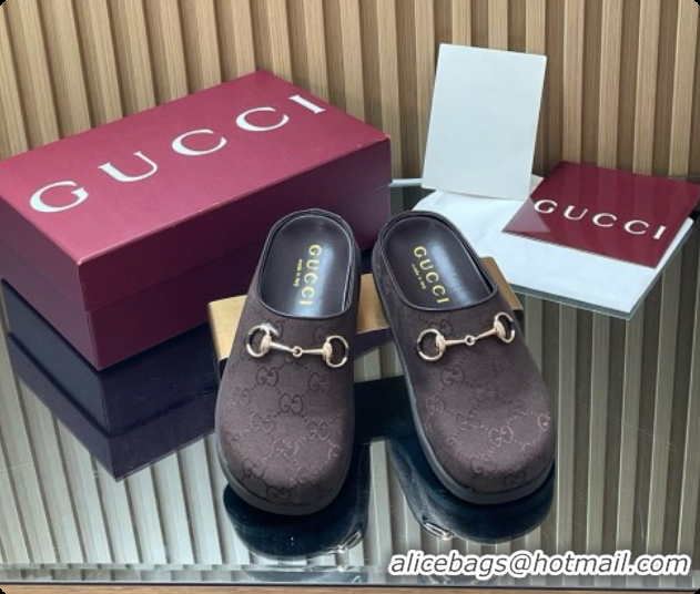 Buy Discount Gucci GG Canvas Flat Mules with Horsebit G92116 Dark Brown 2026