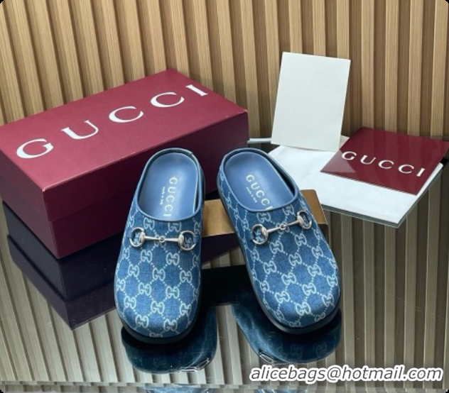 Top Grade Gucci GG Canvas Flat Mules with Horsebit G92118 Blue 2026