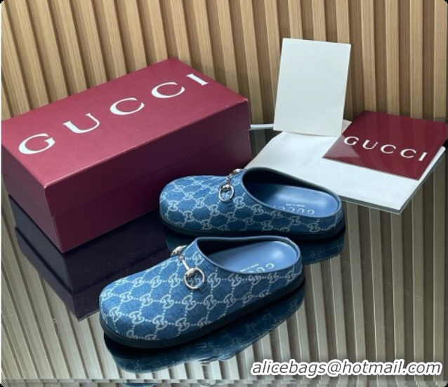 Top Grade Gucci GG Canvas Flat Mules with Horsebit G92118 Blue 2026
