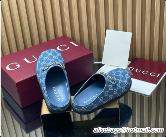 Top Grade Gucci GG Canvas Flat Mules with Horsebit G92118 Blue 2026
