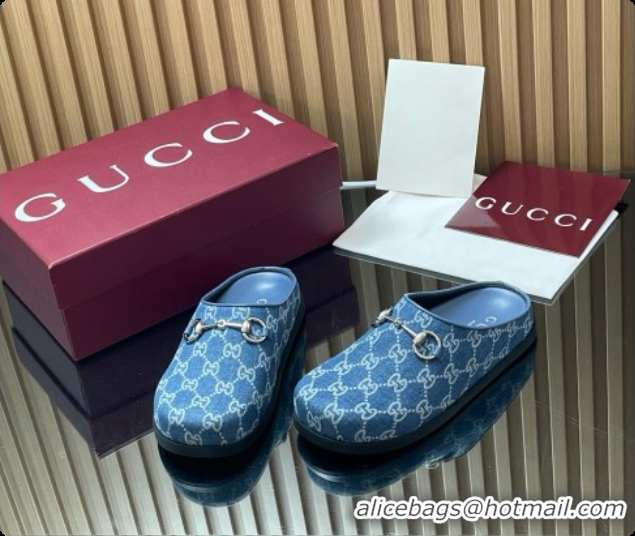 Top Grade Gucci GG Canvas Flat Mules with Horsebit G92118 Blue 2026