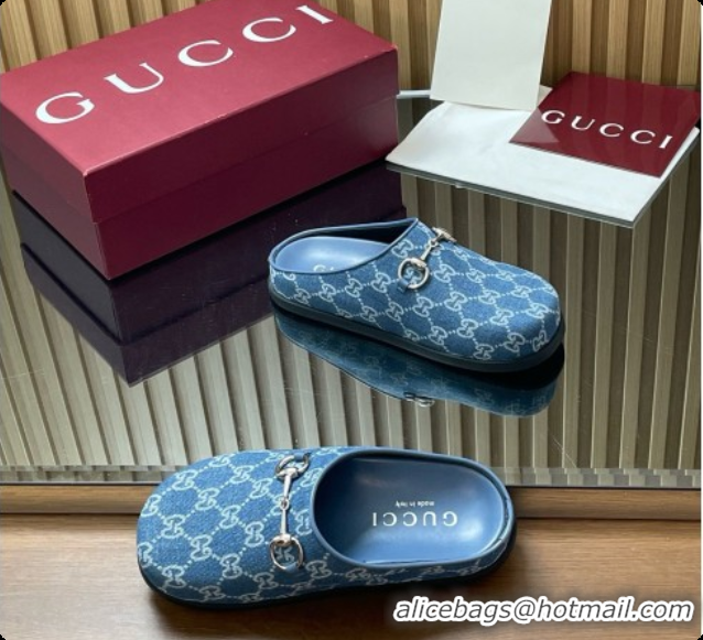 Top Grade Gucci GG Canvas Flat Mules with Horsebit G92118 Blue 2026
