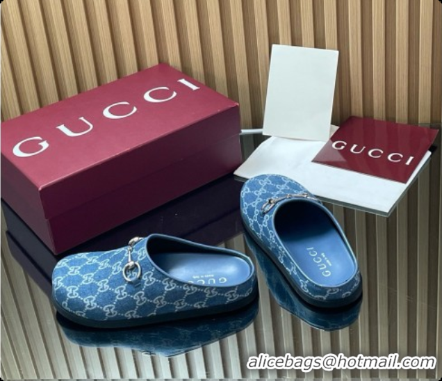 Top Grade Gucci GG Canvas Flat Mules with Horsebit G92118 Blue 2026
