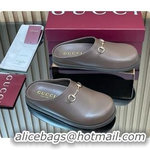 Good Quality Gucci Smooth Leather Flat Mules with Horsebit G92119 Coffee Brown 2026