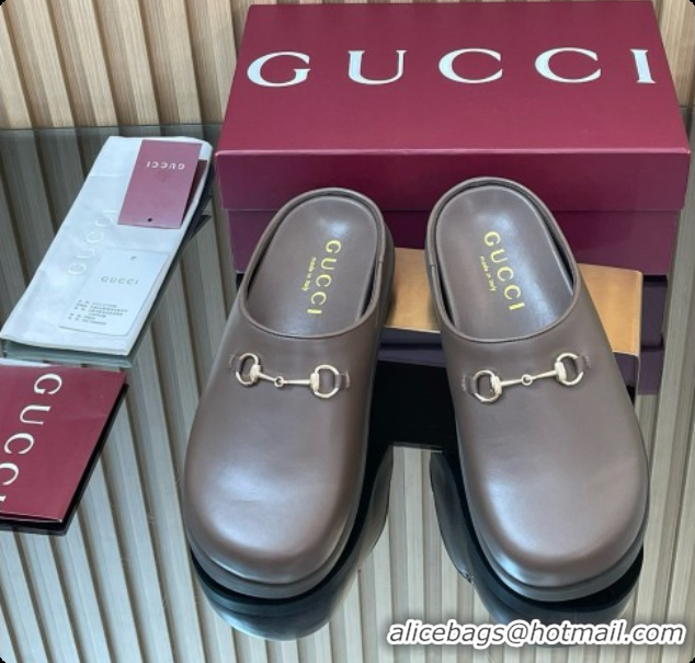 Good Quality Gucci Smooth Leather Flat Mules with Horsebit G92119 Coffee Brown 2026