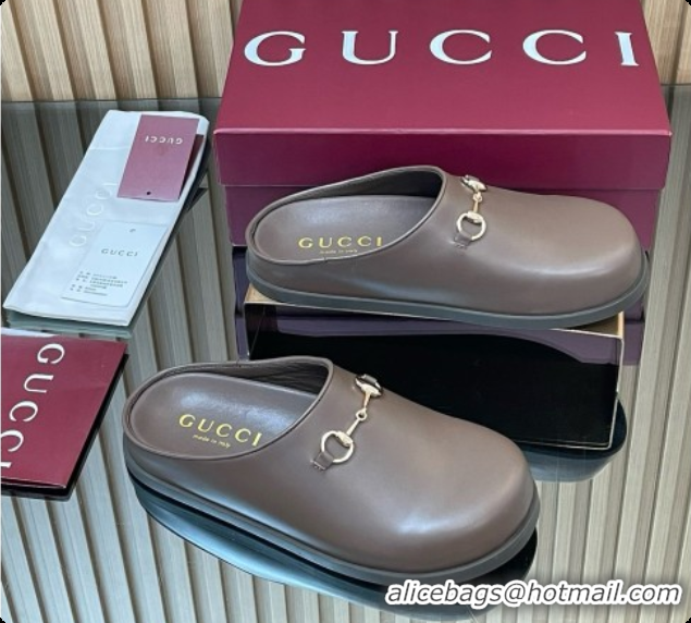Good Quality Gucci Smooth Leather Flat Mules with Horsebit G92119 Coffee Brown 2026