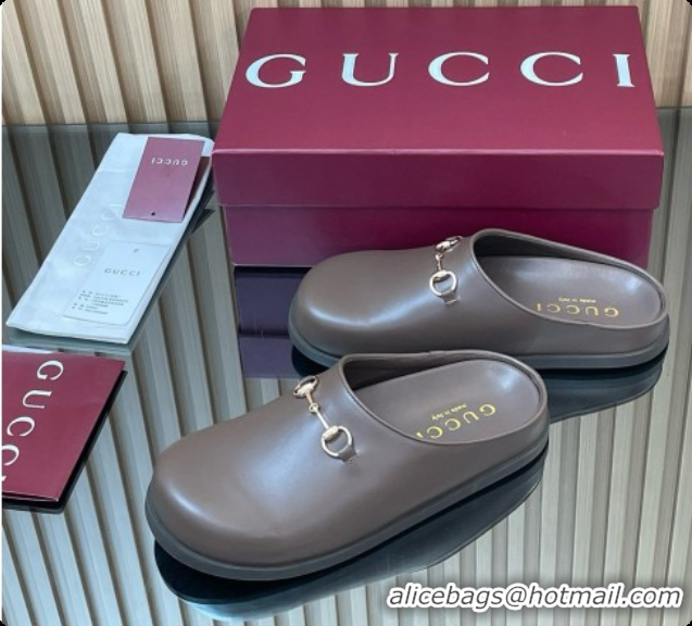 Good Quality Gucci Smooth Leather Flat Mules with Horsebit G92119 Coffee Brown 2026