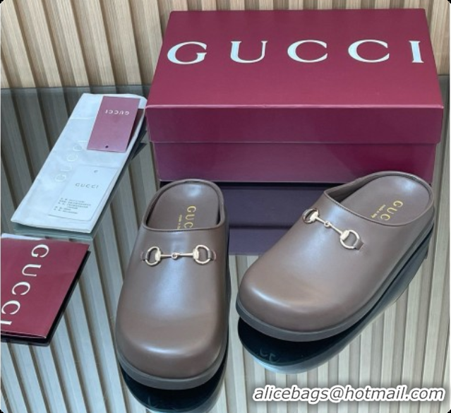 Good Quality Gucci Smooth Leather Flat Mules with Horsebit G92119 Coffee Brown 2026