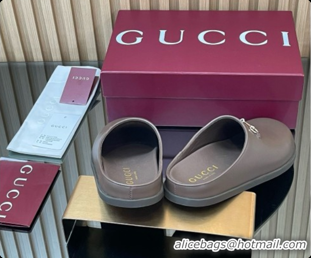 Good Quality Gucci Smooth Leather Flat Mules with Horsebit G92119 Coffee Brown 2026