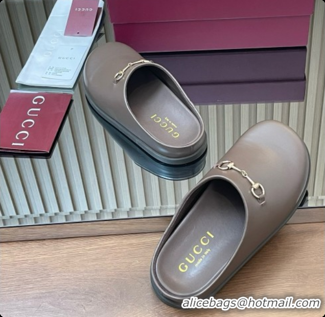 Good Quality Gucci Smooth Leather Flat Mules with Horsebit G92119 Coffee Brown 2026
