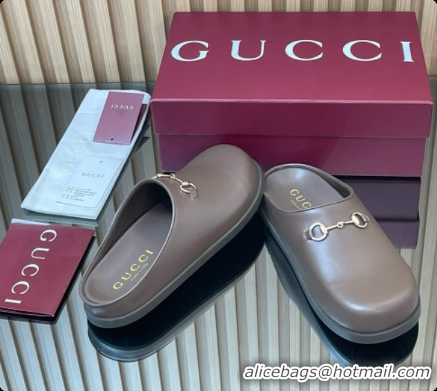 Good Quality Gucci Smooth Leather Flat Mules with Horsebit G92119 Coffee Brown 2026