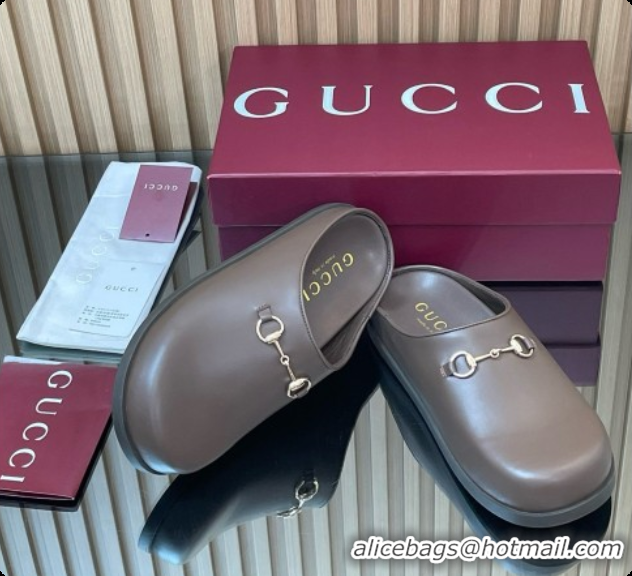 Good Quality Gucci Smooth Leather Flat Mules with Horsebit G92119 Coffee Brown 2026