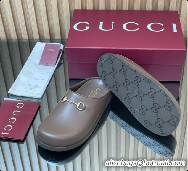 Good Quality Gucci Smooth Leather Flat Mules with Horsebit G92119 Coffee Brown 2026