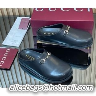 Good Taste Gucci Smooth Leather Flat Mules with Horsebit G92120 Black 2026