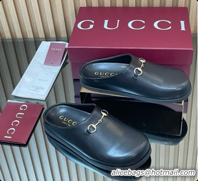 Good Taste Gucci Smooth Leather Flat Mules with Horsebit G92120 Black 2026