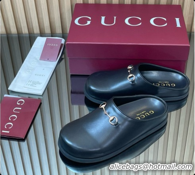 Good Taste Gucci Smooth Leather Flat Mules with Horsebit G92120 Black 2026