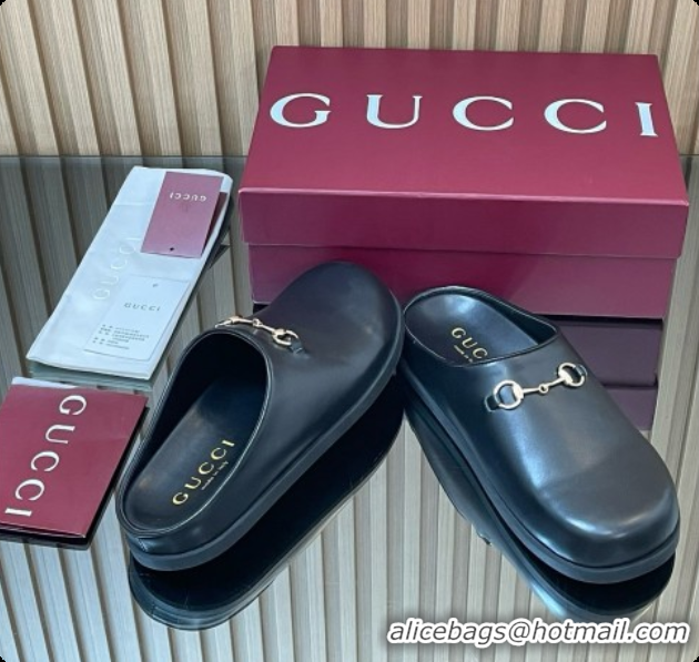 Good Taste Gucci Smooth Leather Flat Mules with Horsebit G92120 Black 2026