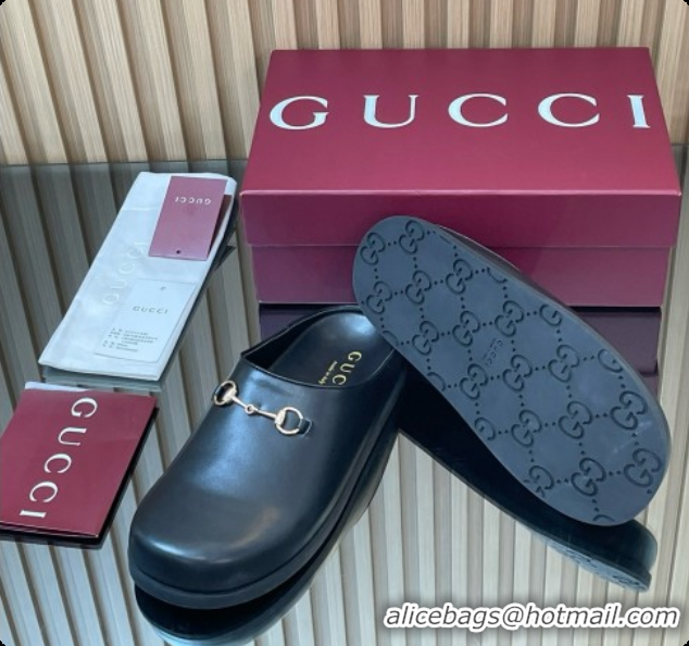 Good Taste Gucci Smooth Leather Flat Mules with Horsebit G92120 Black 2026